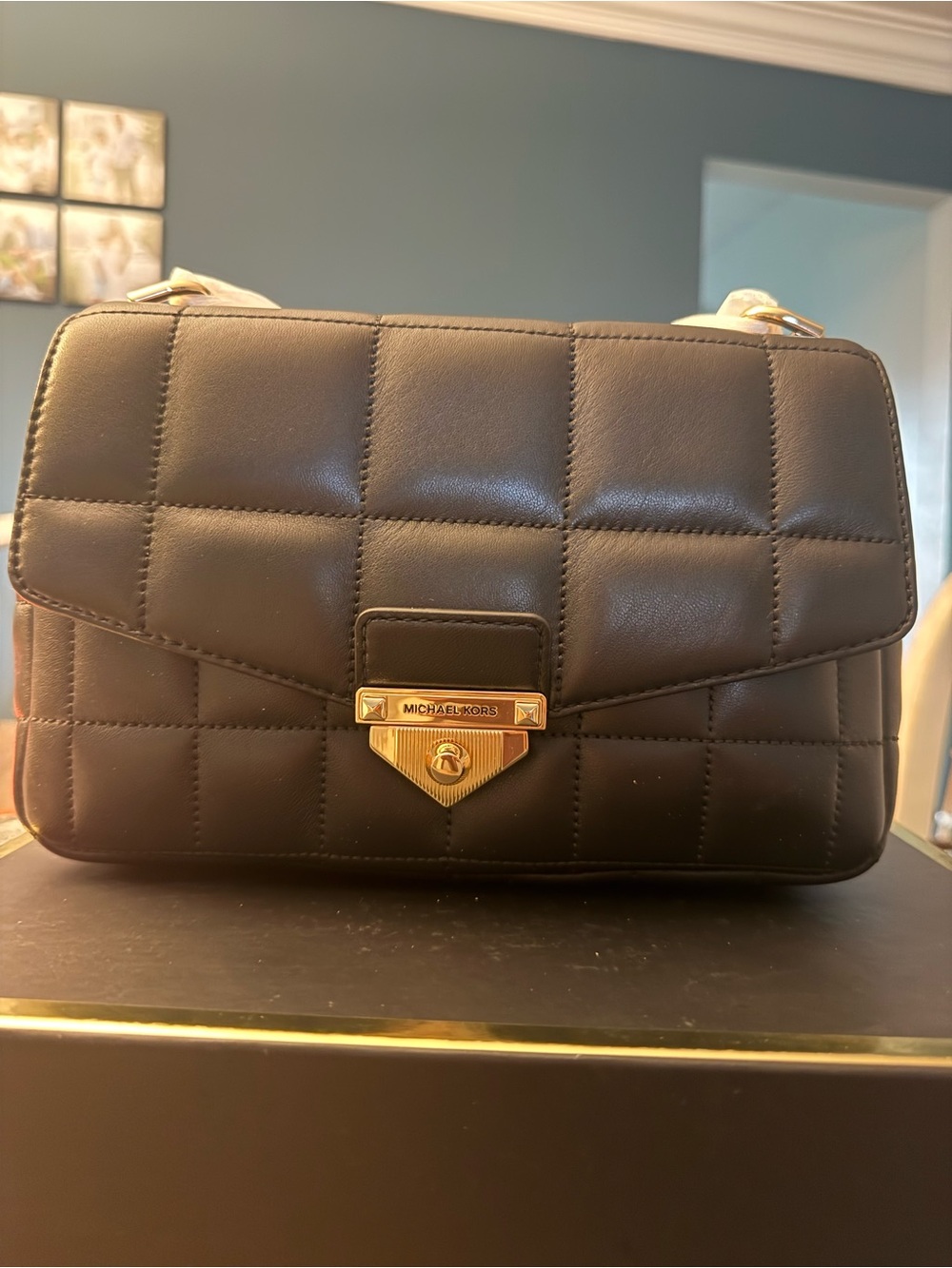 Michael Kors Black Quilted Crossbody Bag with Gold Hardware